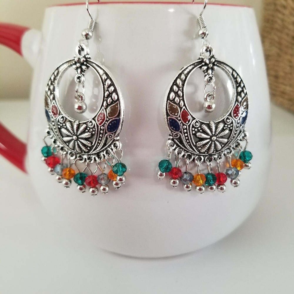 MULTI COLORED BEADED CHANDELIER  EARRINGS - Picture 2 of 3